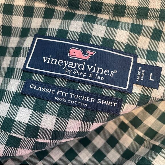 Vineyard Vines Classic Fit Tucker Cotton Green White Checked Button Down Shirt L - Picture 8 of 9